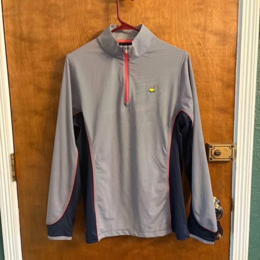 Magnolia Lane Masters Quarter Zip Navy Blue Thin Strip PinkWomen's Large